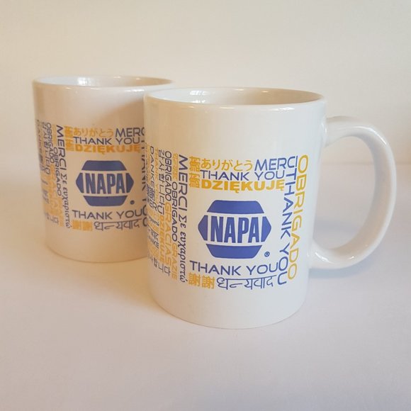 Set of 2 Vintage NAPA Autoparts Promotional Mugs Teacups "Thank You" Languages - Picture 2 of 13